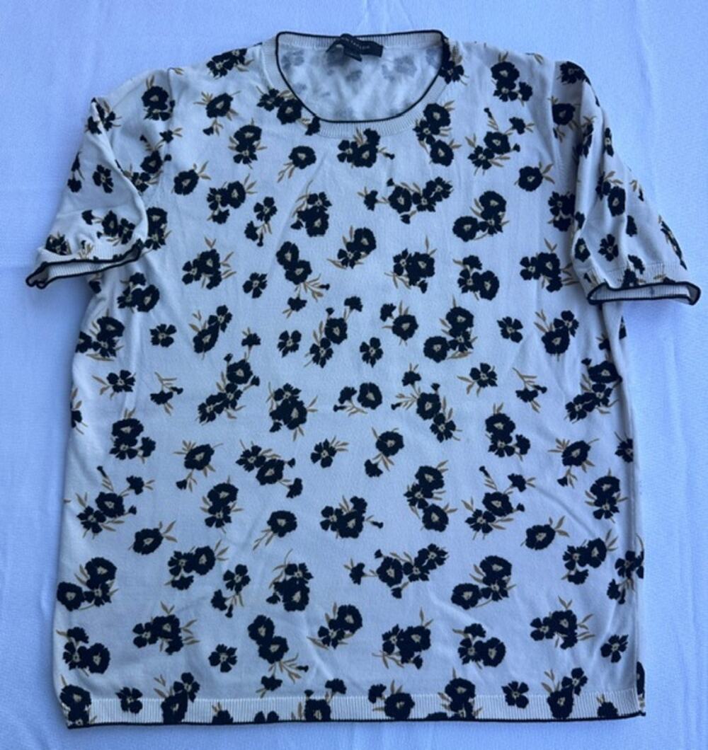 Ann Taylor Floral Short-Sleeve Knit Top Black White Women's Size L